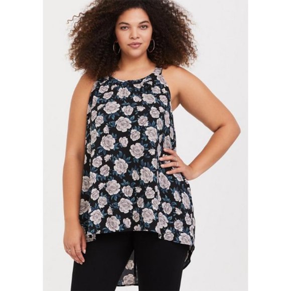 torrid Tops - Torrid Georgette High Neck Tank Top Halter Blouse Emerald Floral Rose Black 2X